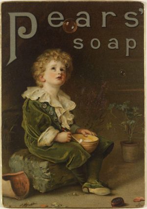 Proof of advertisement for Pears Soap, adapted from a painting by Sir John Everett Millais, Bubbles, colour lithograph; British, c. 1888 or 1889 (V&A)