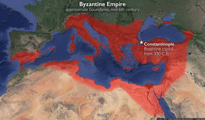 The Byzantine Empire, approximate boundaries, mid-6th century (underlying map © Google)