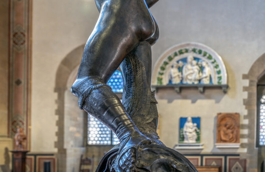 Feather (detail), Donatello, David, date unknown but likely late 1430s–1440s, bronze, 158 cm high (Museo Nazionale del Bargello, Florence; photo: Steven Zucker, CC BY-NC-SA 4.0)