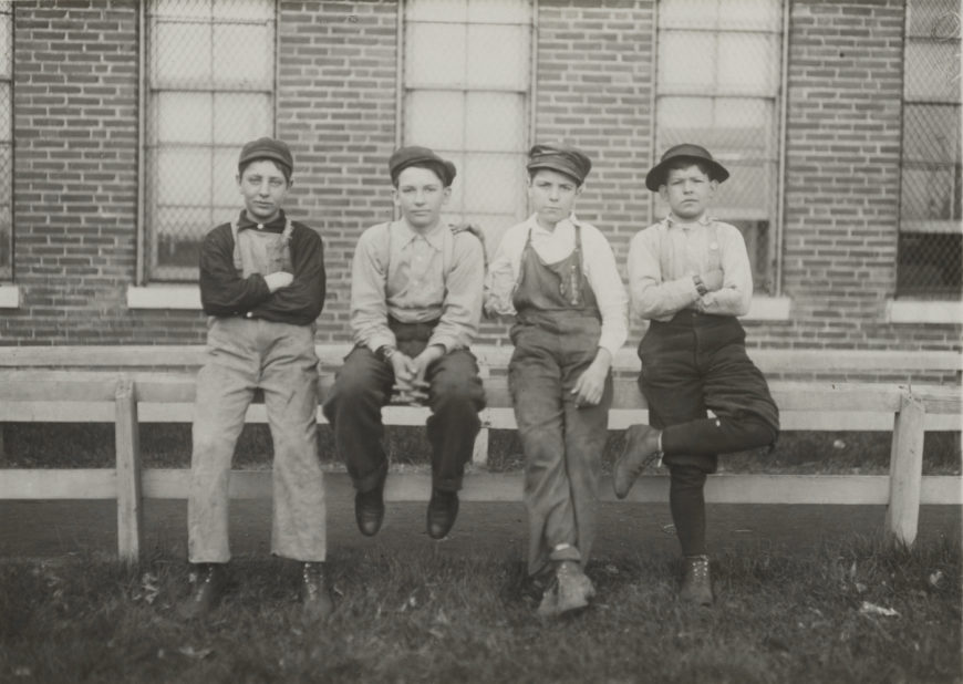 Lewis W. Hine, Group of boys who work at the Brown Shoe Factory, Moberly, Missouri, October 1910, gelatin silver print, 11.9 × 16.8 cm (The J. Paul Getty Museum)