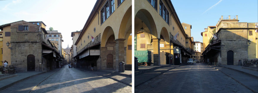 Street views looking north (left) and south (right) on the Ponte Vecchio, Florence (photos: Theresa Flanigan)