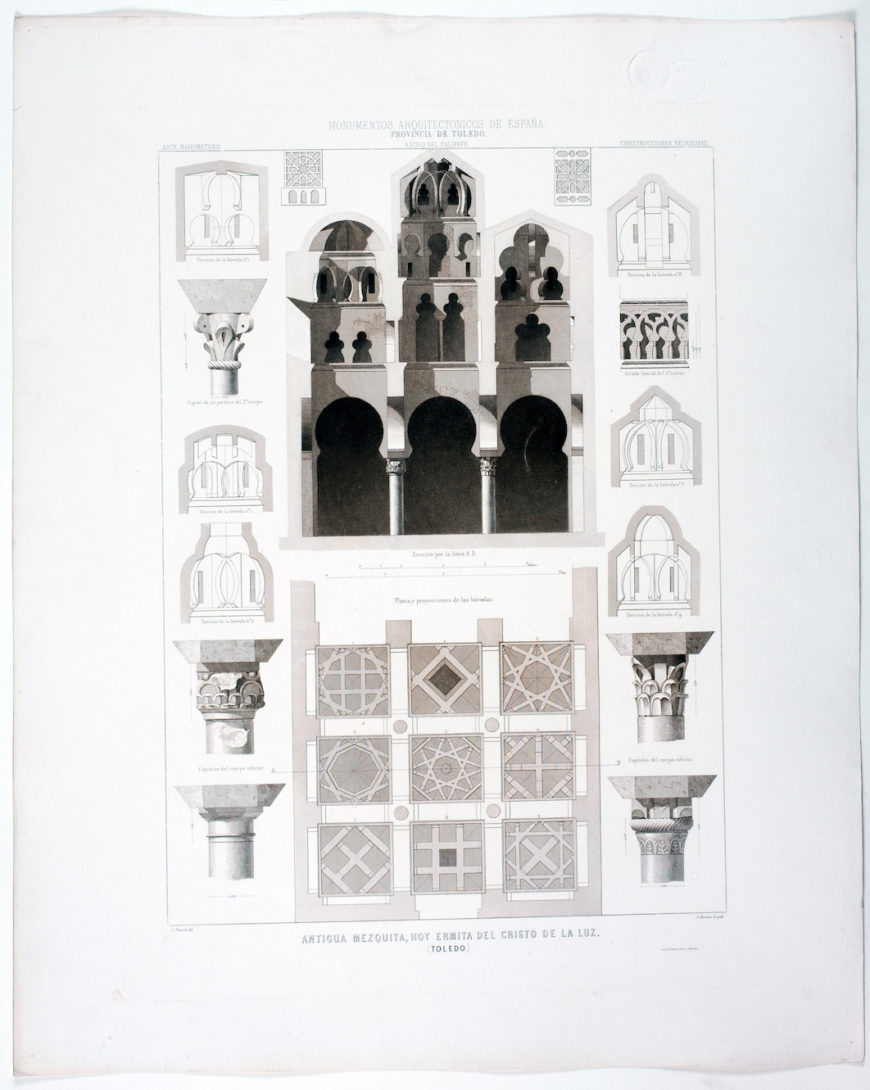 Plan (showing the nine domes), section, and column details of the Mosque. Drawing by Domingo Martinez Aparici. Monumentos Arquitectónicos de España, Madrid, Imprenta y Calcografía Nacional, 1856–1881 (Museo Nacional del Prado)