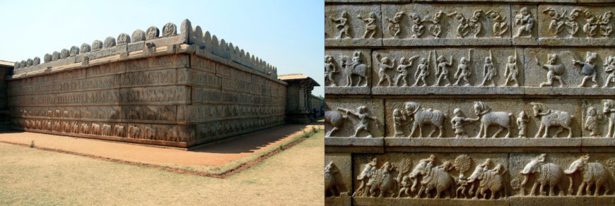 Rectangular enclosure at the Ramachandra temple depicts within horizontal bands processions of elephants, horses, armies, and dancers during the Mahanavami festival, in the city of Vijayanagara. Left: the enclosure (photo: Ravibhalli, CC BY-SA 3.0); right: detail of the processions (photo: Soham Banerjee, CC BY 2.0)