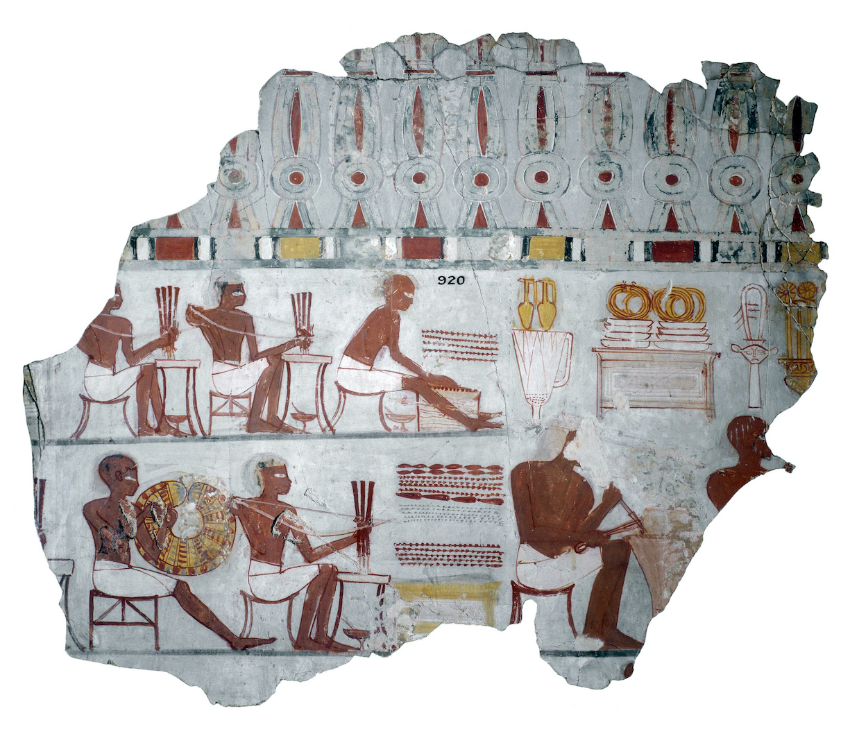Scene showing the manufacture of valuable items, such as jewelry. Wall-painting, probably from the tomb of Sobekhotep, Thebes, c. 1400 B.C.E., New Kingdom, reign of Thutmose IV, painted stucco, 60 x 58.5 (© Trustees of the British Museum)