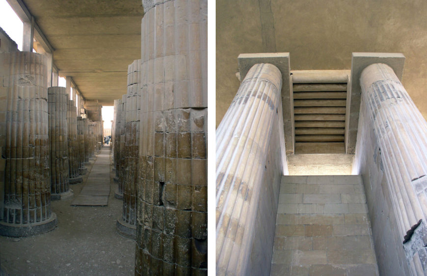 Left: Entry colonnade; right: stone log-beam ceiling in the colonnade. Stepped Pyramid complex, Saqqara, Egypt (photos: Dr. Amy Calvert)