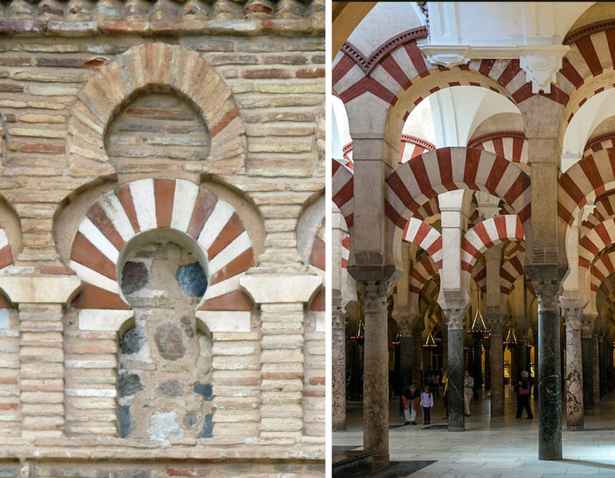 Left: Exterior, Mosque of Bāb al-Mardūm, 999/1000 C.E. (photo: Ecelan, CC BY-SA 3.0); right: Great Mosque of Córdoba (photo: Michal Osmenda, CC BY 2.0)