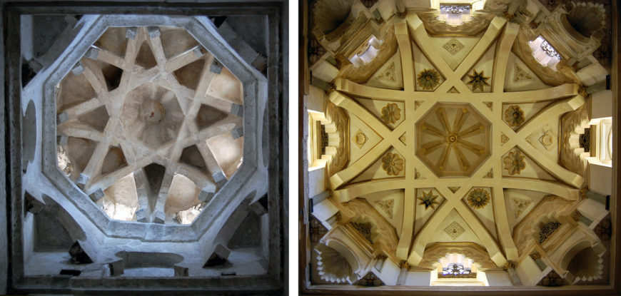 Left: One of the domes, interior, Mosque of Bāb al-Mardūm, 999/1000 C.E. (photo: Manuel de Corselas, CC BY-SA 3.0); right: left dome, maqsura, Great Mosque of Cordoba photo: Manuel de Corselas, CC BY-SA 3.0)