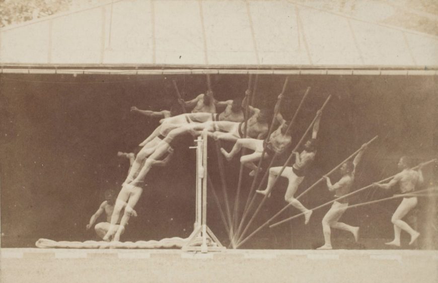 Étienne Jules Marey, Chronophotographic study of man pole vaulting, c. 1890, albumen silver print, 6.9 × 10.6 cm (Eastman Museum)