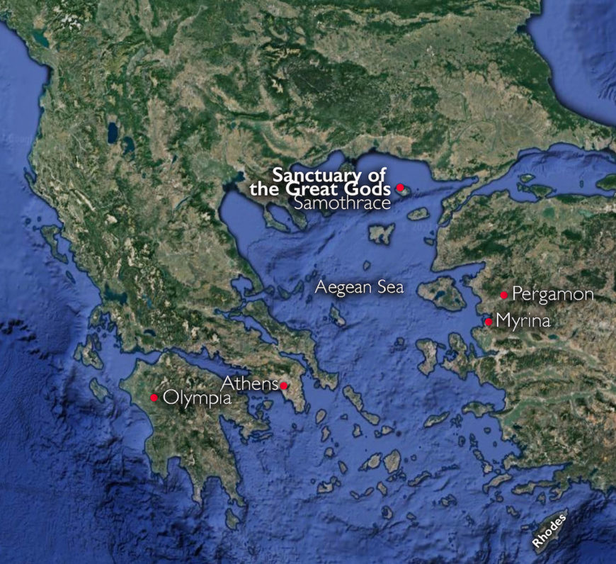 Map with the location of the Sanctuary of the Great Gods indicated (underlying map © Google)