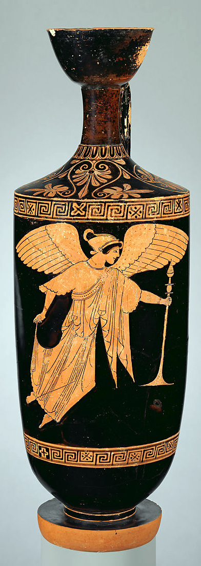 Terracotta lekythos (oil flask), c. 490 B.C., attributed to the Dutuit Painter, terractotta (The Metropolitan Museum of Art)