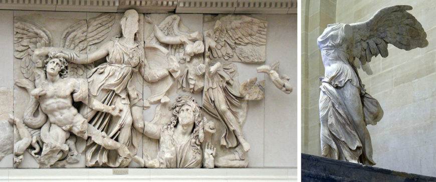 Left: Athena panel, east frieze, Pergamon Altar, c. 197-139 B.C.E. (Staatliche Museen, Berlin); right: Nike of Samothrace (winged Victory), Lartos marble (ship), Parian marble (figure), c. 190 B.C.E., 3.28 meters high (Louvre, Paris; photo: Steven Zucker, CC BY-NC-SA 2.0)