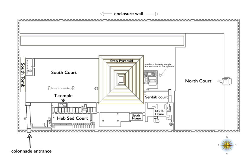 Plan of Djoser's Stepped Pyramid complex, Saqqara, Egypt, Old Kingdom, 3rd Dynasty, c. 2675–2625 B.C.E. (plan: Franck Monnier, CC BY-SA 3.0)
