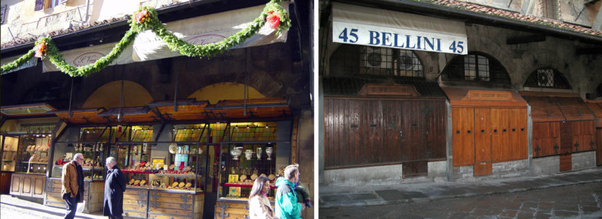 Shops open (left) and shops closed (right), Ponte Vecchio, Florence (photos: Theresa Flanigan)