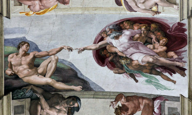 Michelangelo, The Creation of Adam, Ceiling of the Sistine Chapel, 1508-1512, fresco (Vatican City, Rome; photo: Jörg Bittner Unna, CC BY 3.0)