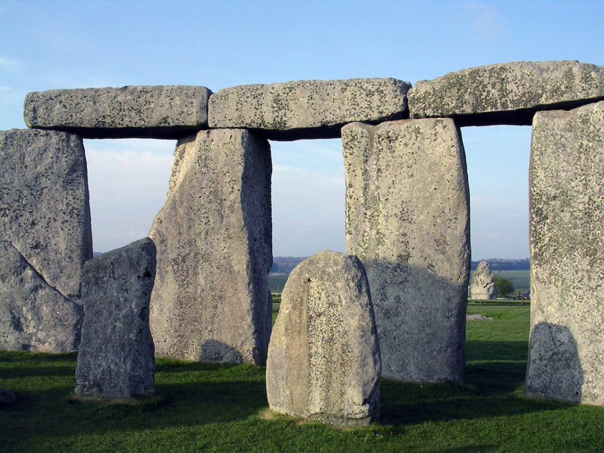 Interior of the sarsen circle and bluestones in the foreground, Stonehenge, Salisbury Plain, Wiltshire, England, c. 2550–1600 B.C.E., circle 97 feet in diameter, trilithons 24 feet high
