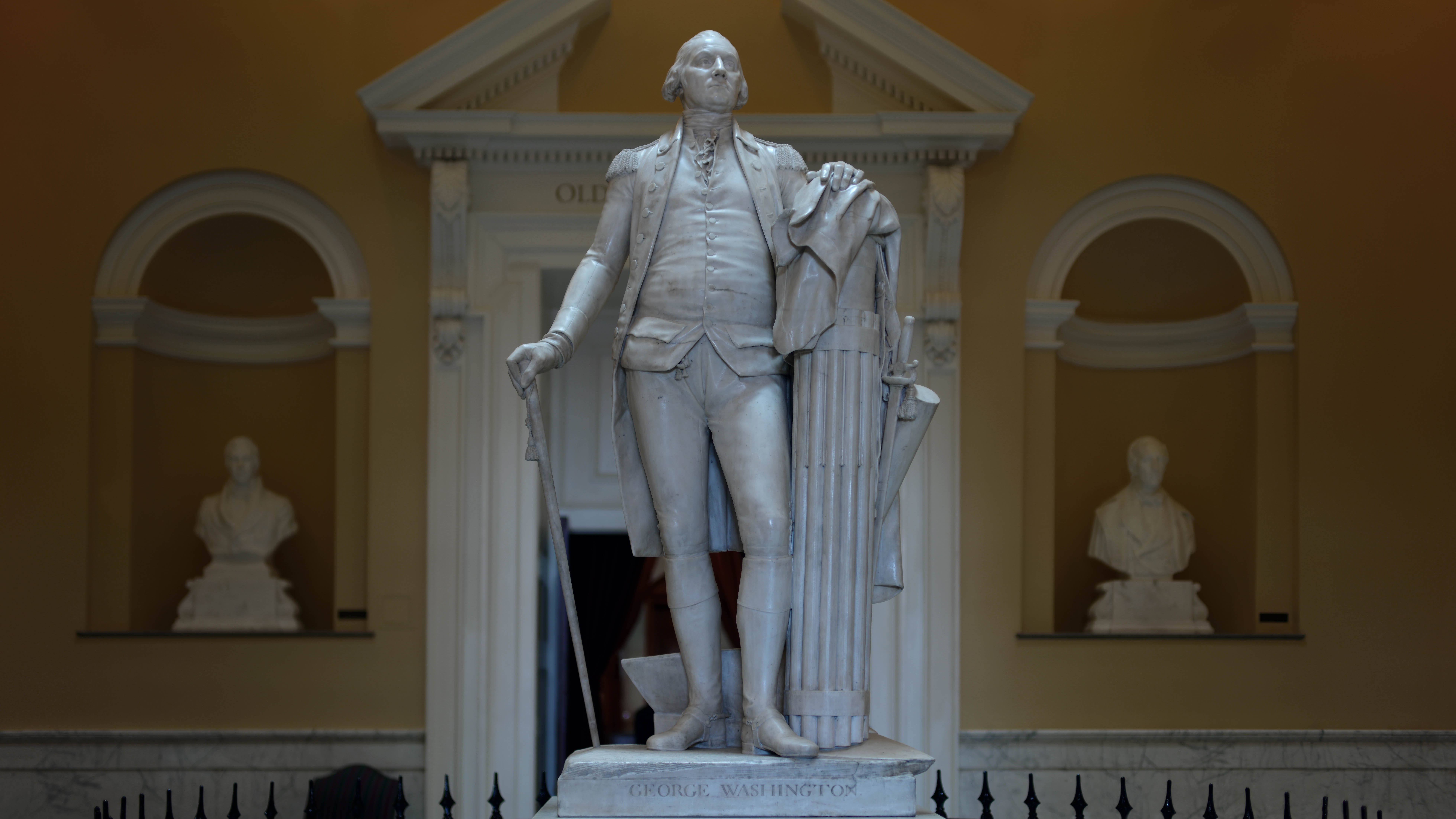 Jean-Antoine Houdon, George Washington, 1788-92, marble, 6' 2" high (State Capitol, Richmond, Virginia)
