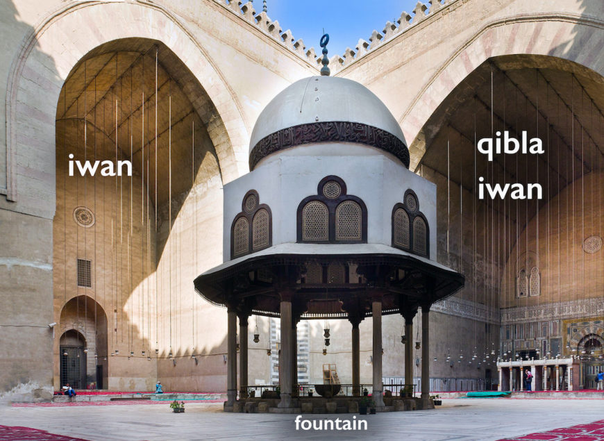 Courtyard with fountains, surrounded by iwans, in the madrasa and Friday Mosque of Sultan Hasan, 1356–1363/758–764 AH, Cairo, Egypt (photo: Mohammed Moussa, CC BY-SA 3.0)