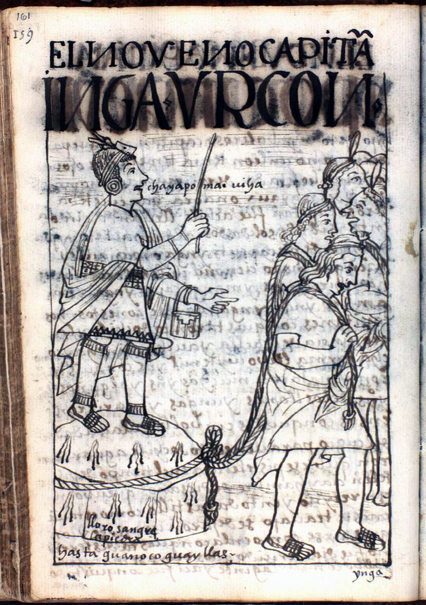 A sayk'usqa stone cries tears of blood, from Felipe Guaman Poma de Ayala, The First New Chronicle and Good Government (or El primer nueva corónica y buen gobierno, c. 1615, p. 161 (image from The Royal Danish Library, Copenhagen)