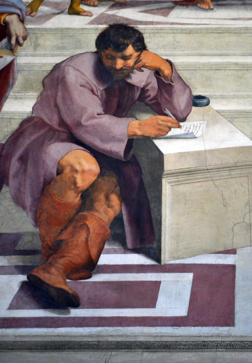 Heraclitus, whose features are based on Michelangelo's and his seated pose is based on the prophets and sibyls from Michelangelo's frescoes on the Sistine Chapel Ceiling (detail), Raphael, School of Athens, 1509-11, Stanza della Segnatura (Vatican City, Rome)