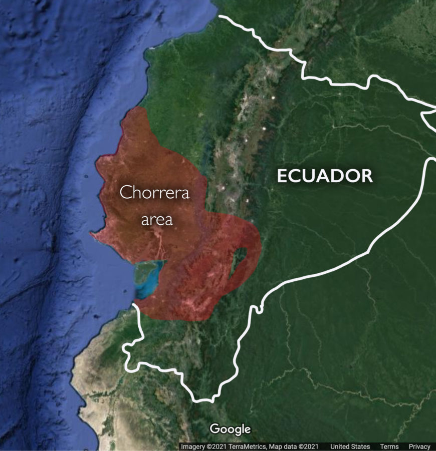 Map of the Chorrera cultural region (in red) (underlying map © Google)