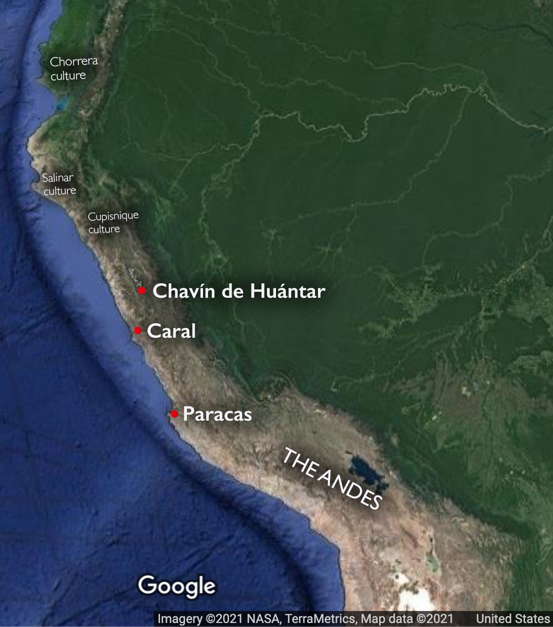 Peru and Ecuador with early cultures indicated (underlying map © Google)