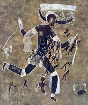 Visible in this reproduction of the original rock painting are two groupings in red ochre of small human figures superimposed onto the horned goddess