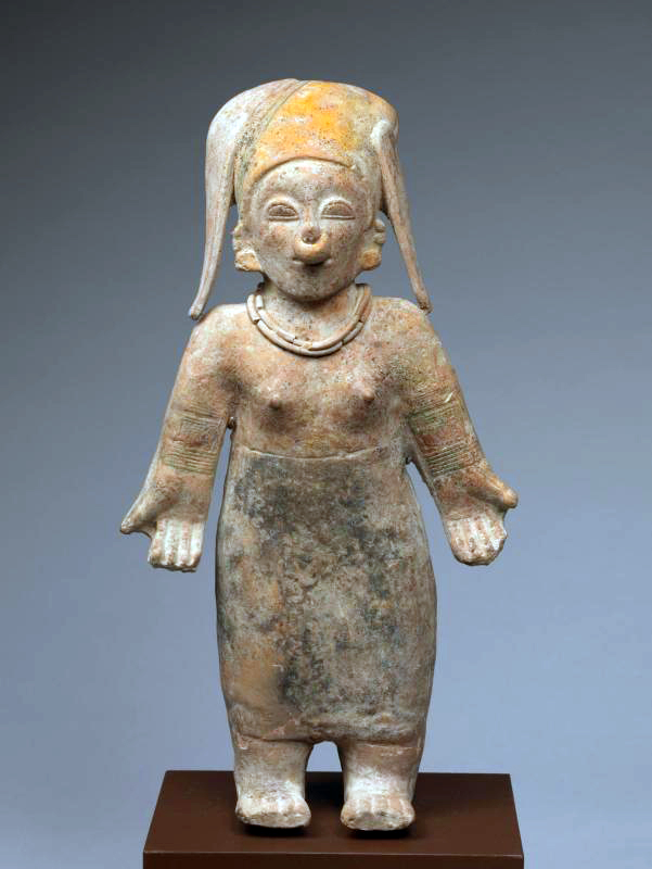 Female Figure with Elaborate Headdress, Jama-Coaque culture, Ecuador, 300 BCE – CE 800, ceramic and post-fire paint, 15 3/4 x 8 5/8 x 4 inches. Michael C. Carlos Museum, Atlanta, GA.