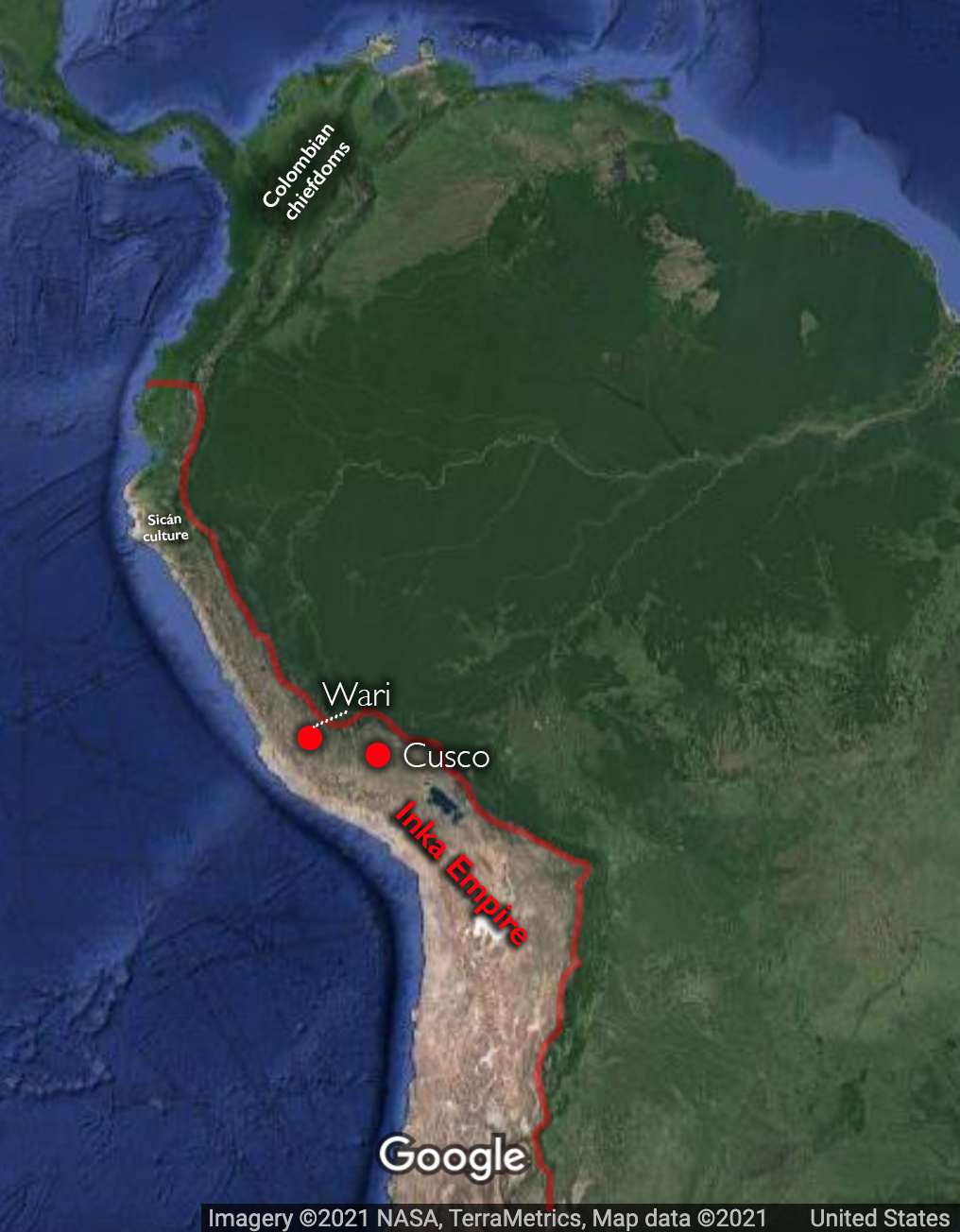 Map of South America with cultures and cities indicated (underlying map © Google)