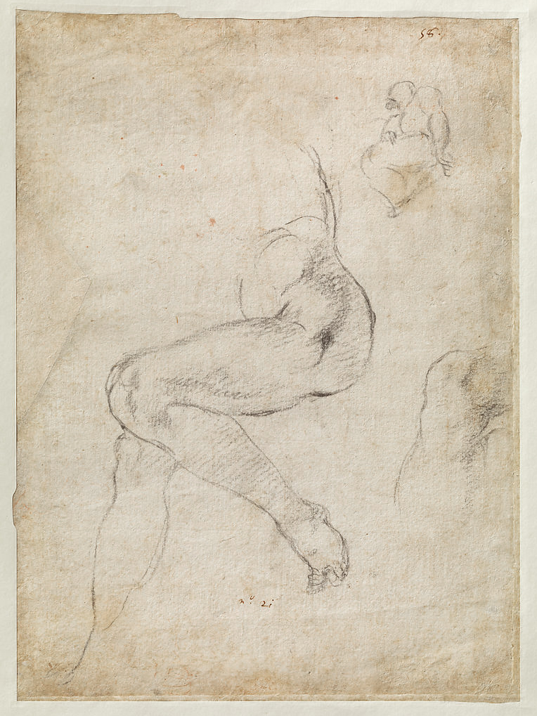 Michelangelo Buonarroti, Small Sketch for a Seated Figure (verso), c. 1510–11, red chalk, with small accents of white chalk on the left shoulder of the figure in the main study, 28.9 × 21.4 cm (The Metropolitan Museum of Art)