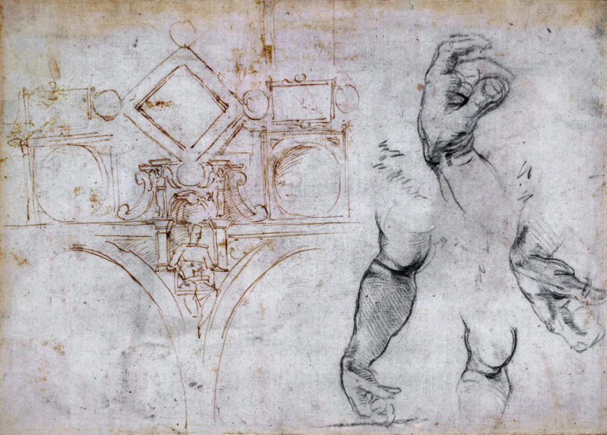 Michelangelo, scheme for the decoration of the vault of the Sistine Chapel, studies of arms and hands, 1508, Pen and brown ink over a sketch in lead point and stylus, black chalk, 27.4 x 38.6 cm (©Trustees of the British Museum)