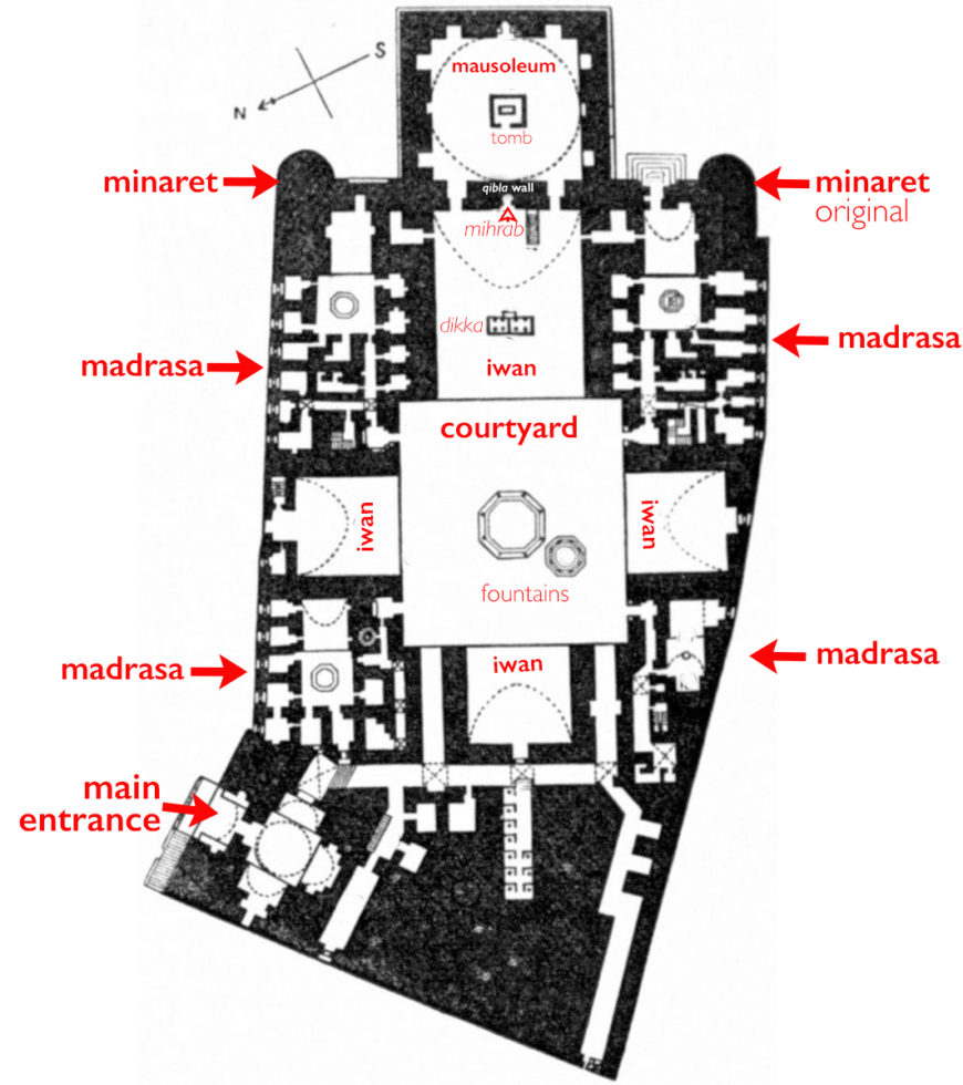 Plan of the madrasa and Friday Mosque of Sultan Hasan, 1356–1363/758–764 AH, Cairo, Egypt; it covers an area of approximately 8,000 square meters, and measures approximately 65 x 150m (on the north side) and 65m high