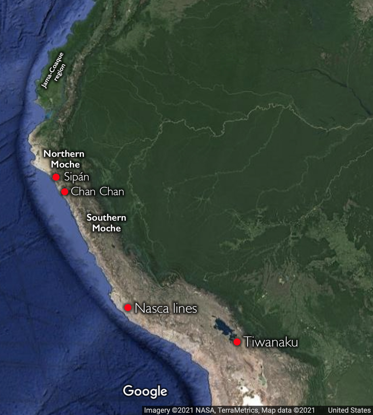 Ecuador, Peru, Bolivia with cultures an cities indicated (underlying map © Google)