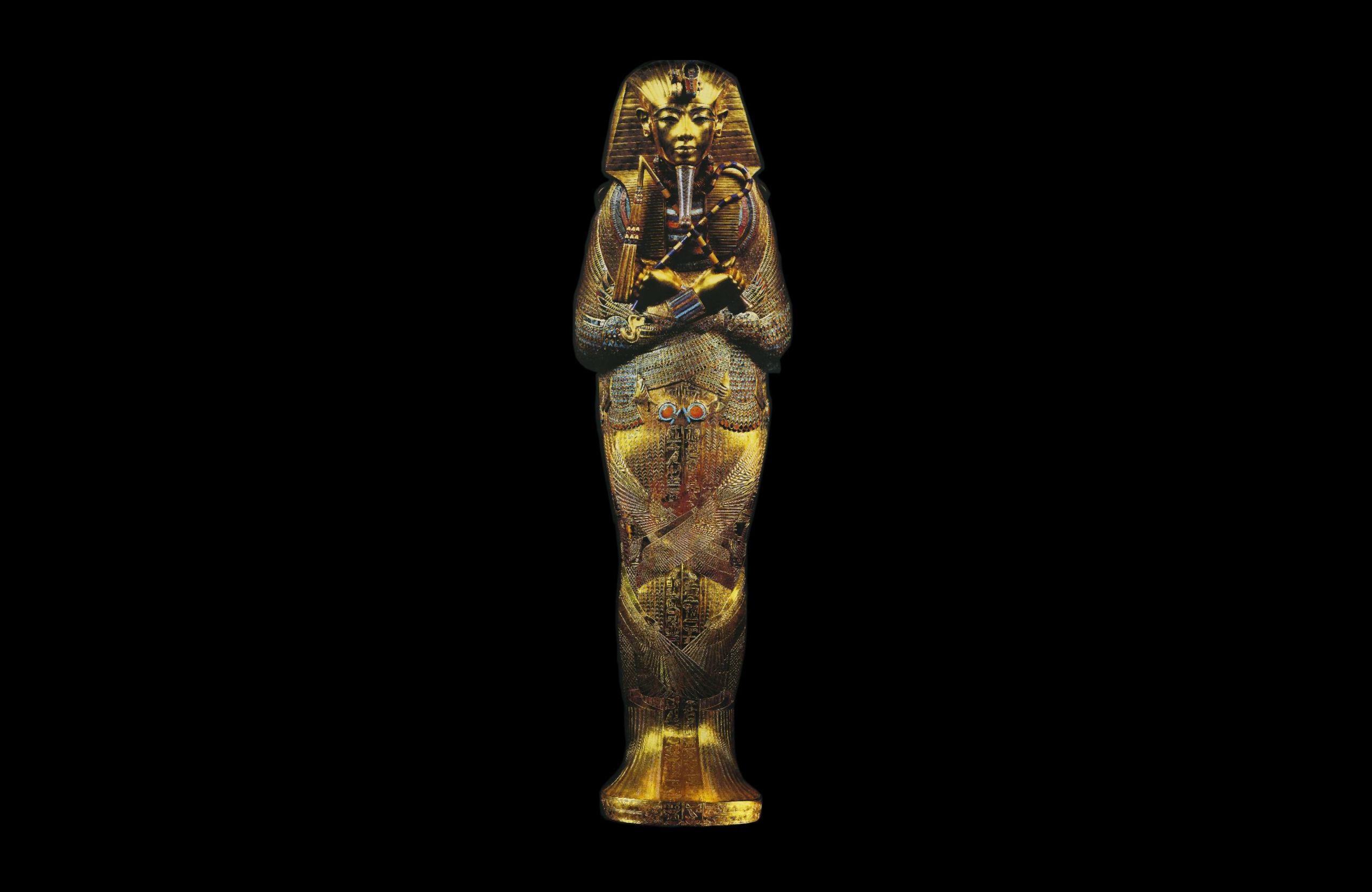 Tutankhamun’s tomb, innermost coffin, c. 1323 B.C.E., 18th Dynasty, New Kingdom, gold with inlay of enamel and semiprecious stones, found in the Valley of the Kings in 1922 (Egyptian Museum of Antiquities, Cairo)