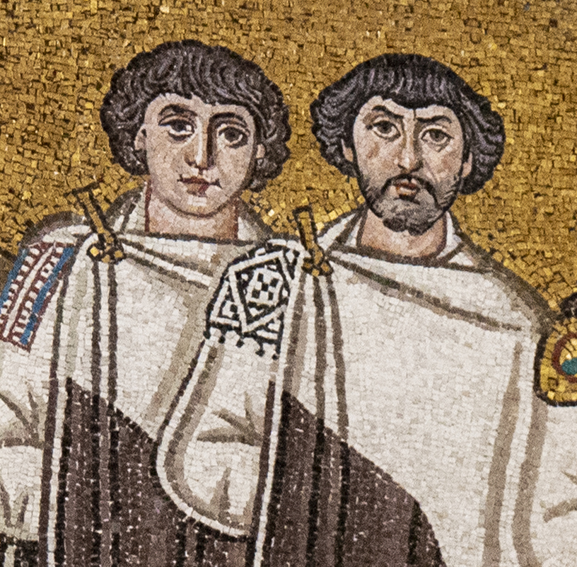 Attendants wearing fibulae, Emperor Justinian Mosaic (detail), San Vitale, Ravenna (Byzantine), c. 546–56 C.E. (photo: byzantologist, CC BY-NC-SA 2.0)
