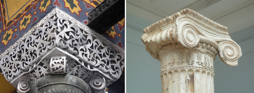 Left: Basket Capital, Hagia Sophia (photo: William Allen, CC BY-NC-SA 2.0); right: Ionic Capital, North Porch of the Erechtheion (Erechtheum), Acropolis, Athens, marble, 421–407 B.C.E., British Museum (photo: Steven Zucker CC:BY-NC-SA 2.0)