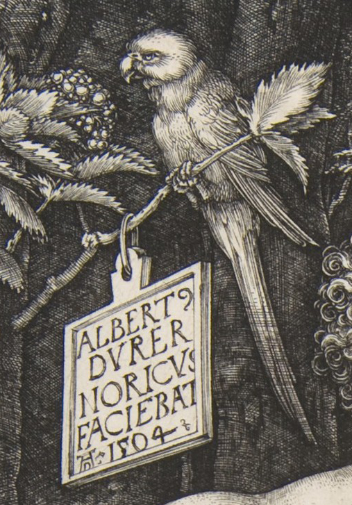 Tropical bird and sign announcing artist's name (detail), Albrecht Dürer, Adam and Eve, 1504, engraving (fourth state), 25.1 x 20 cm (The Metropolitan Museum of Art)