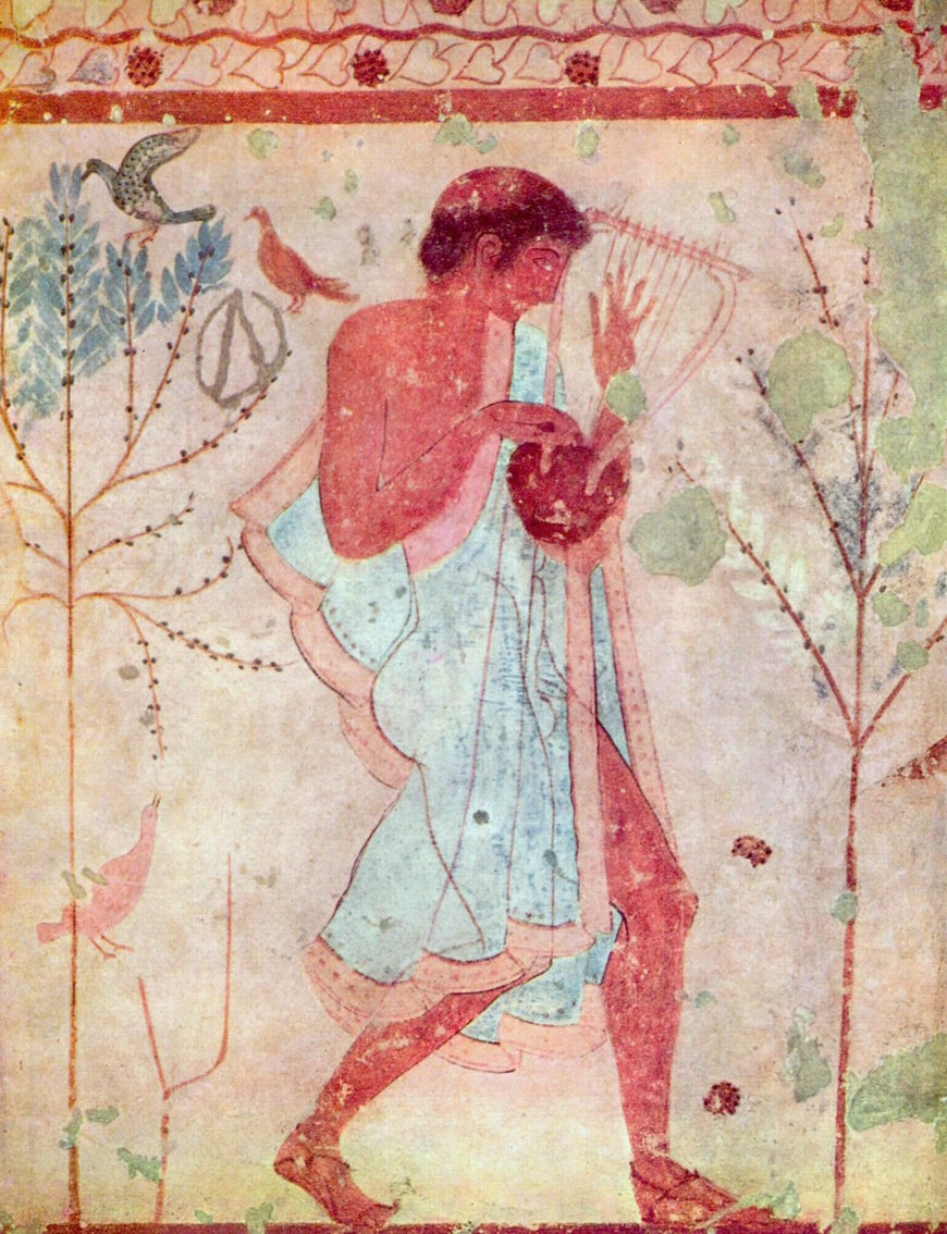 Barbiton player on the left wall (detail), Tomb of the Triclinium, c. 470 B.C.E., Etruscan chamber tomb, Tarquinia, Italy