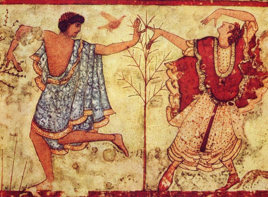 Two dancers on the right wall (detail), Tomb of the Triclinium, c. 470 B.C.E., Etruscan chamber tomb, Tarquinia, Italy