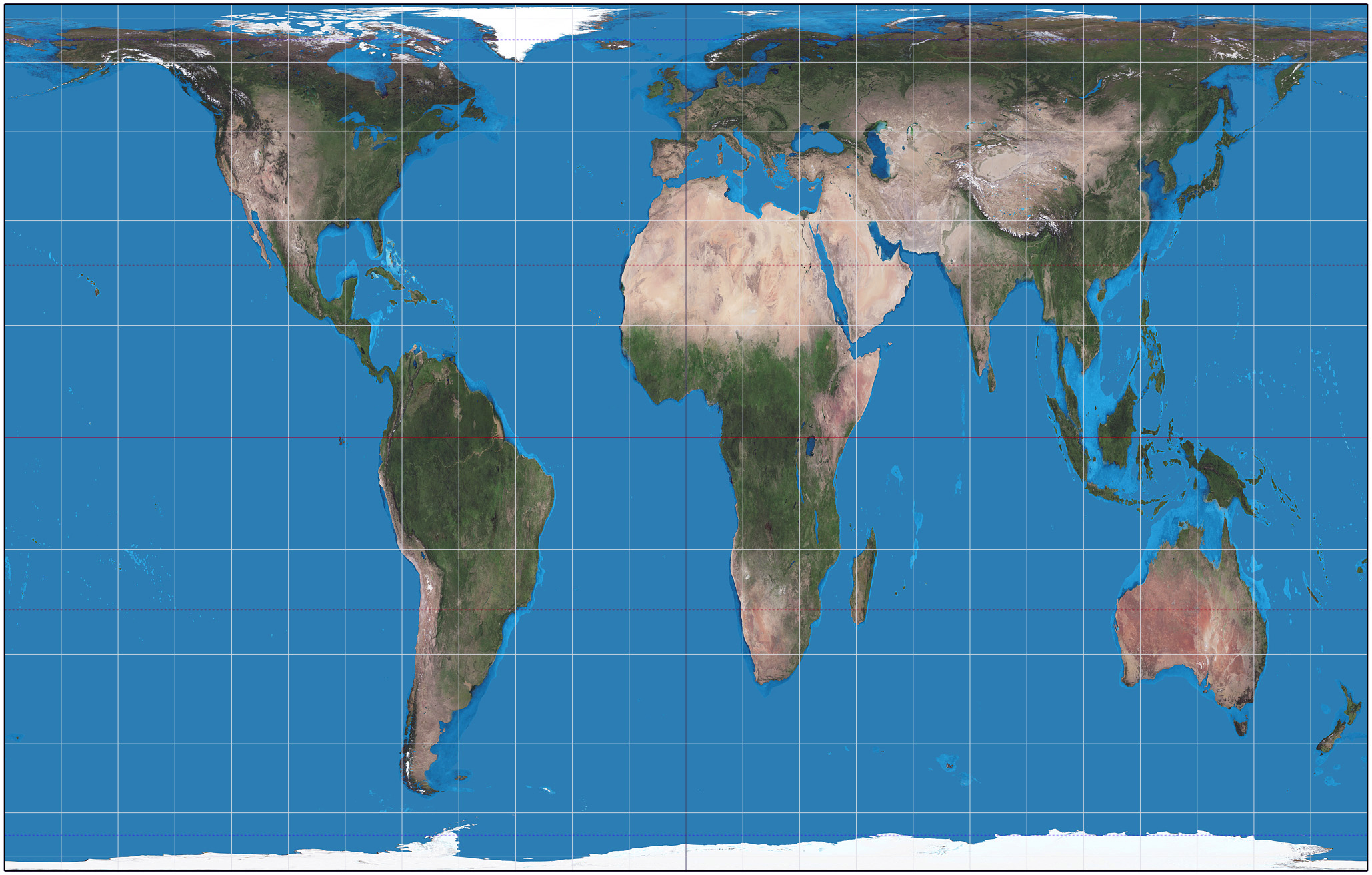 A more accurate map showing the relative sizes of continents. Gall–Peters projection (map: Strebe, CC BY-SA 3.0)