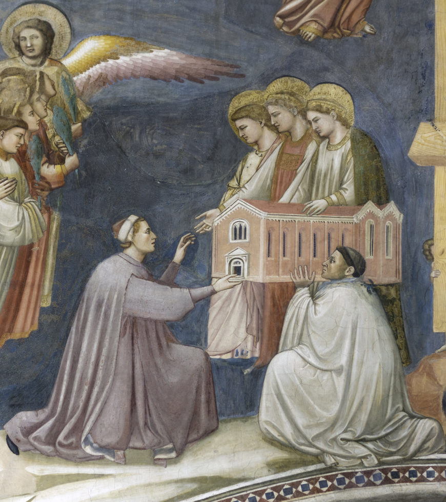 Enrico Scrovegni assisted by a priest, presents the chapel to the Virgin Mary and two other figures (detail), Giotto, Last Judgment, c. 1305, fresco cycle (Arena (Scrovegni) Chapel, Padua, Italy; photo: Steven Zucker, CC BY-NC-SA 2.0)