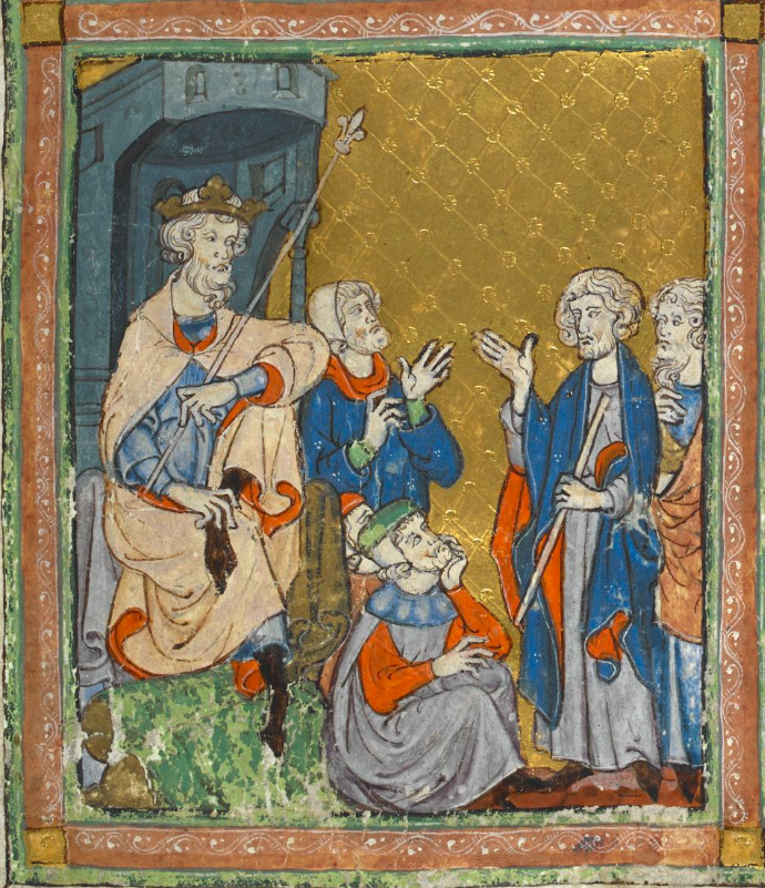 Moses and Aaron come before Pharaoh, from the Golden Haggadah, c. 1320, Northern Spain, probably Barcelona (British Library, MS. 27210, fol. 10 verso)
