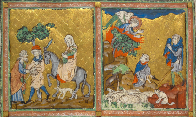 Left: Taking his family back to Egypt, Moses meets Aaron on the way and Zipporah, holding two babies in her arms, rides a mule; right: an angel appears above the bush that burns but is not consumed and on divine instructions, Moses takes off his shoes and hides his face when he hears the voice of God. Upper part of a page from the Golden Haggadah, c. 1320, Northern Spain, probably Barcelona (British Library, MS. 27210, fol. 10 verso)