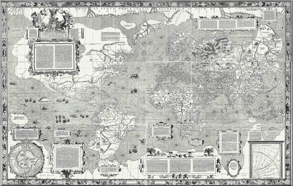 A black and white map showing the world as it looked in the sixteenth century. The continents were not all mapped out with correct proportions. Gerardus Mercator, World Map, 1569