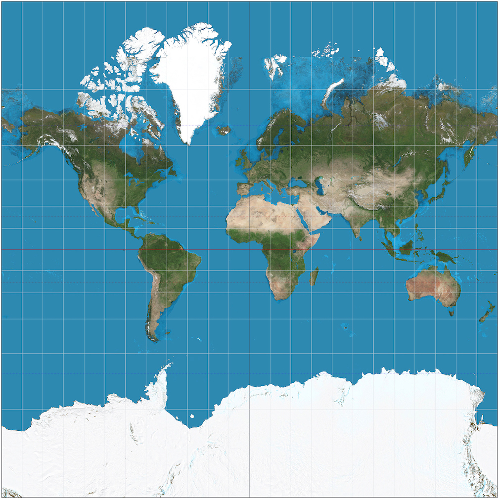 Mercator projection (map: Strebe, CC BY-SA 3.0) .