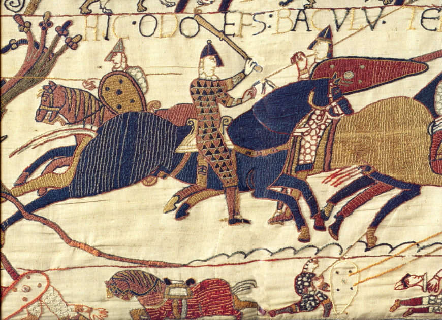 Normans with horses on boats, crossing to England, in preparation for battle (detail), Bayeux Tapestry, c. 1070, embroidered wool on linen, 20 inches high (Bayeux Tapestry Museum, photo: LadyofHats, public domain)