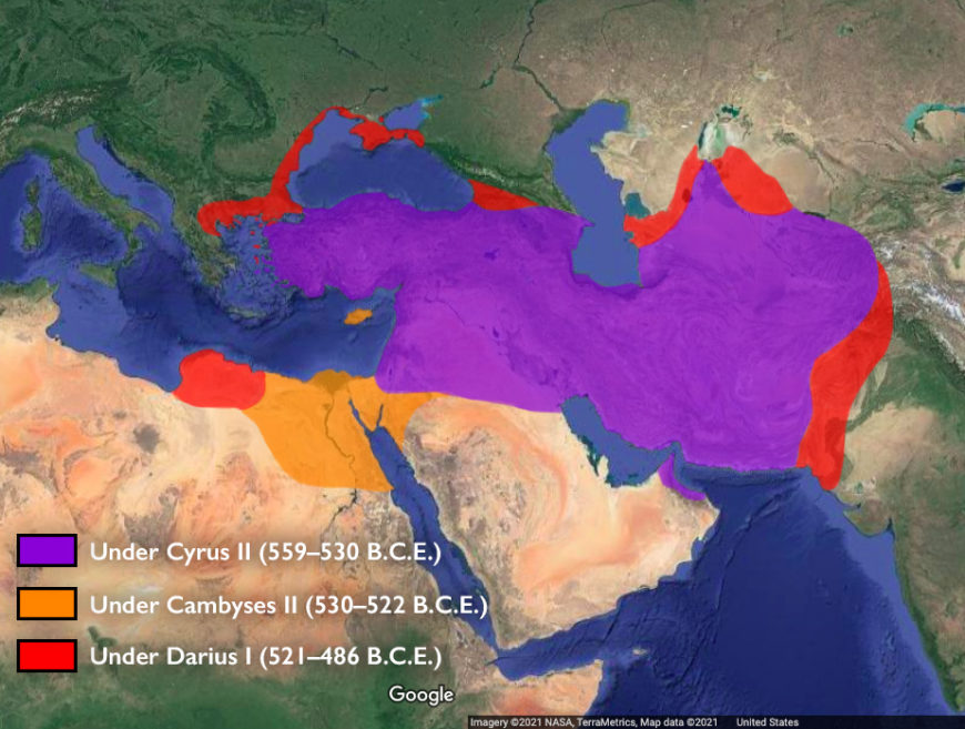 Growth of the Achaemenid Empire under different kings (underlying map © Google)