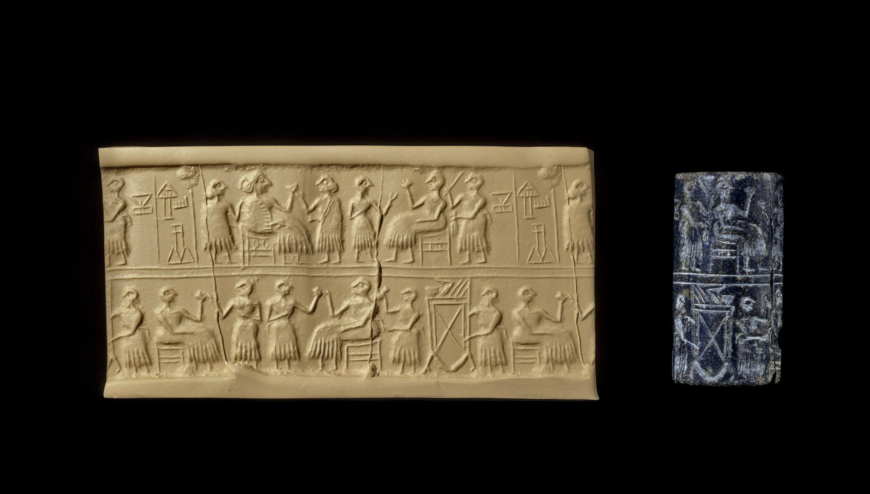Cylinder seal of Pu-abi, c. 2600 B.C.E., lapis lazuli, 4.9 x 2.6 cm, from Ur © Trustees of the British Museum