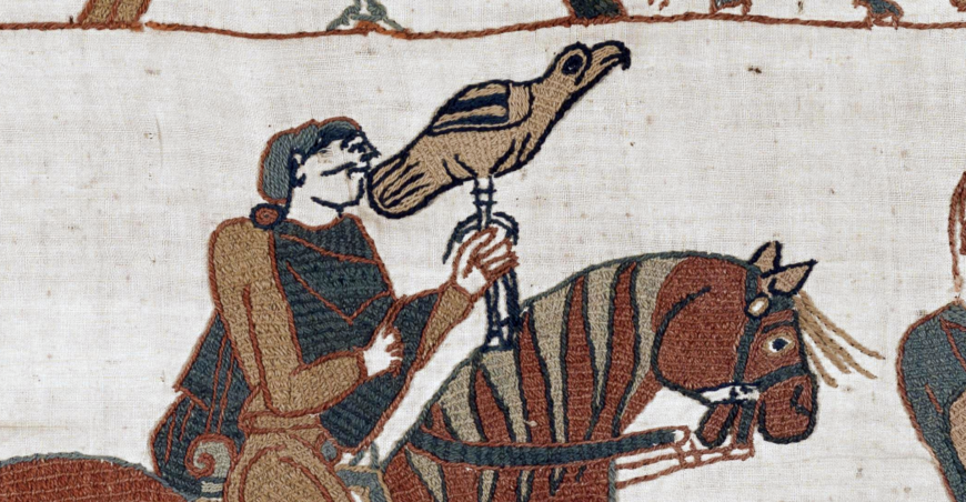 Falconer (detail), Bayeux Tapestry, c. 1070, embroidered wool on linen, 20 inches high (Bayeux Tapestry Museum, Official digital representation of the Bayeux Tapestry—11th century. Credits: City of Bayeux, DRAC Normandie, University of Caen Normandie, CNRS, Ensicaen, Photos: 2017—La Fabrique de patrimoines en Normandie)