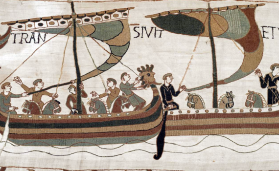 Normans with horses on boats, crossing to England, in preparation for battle (detail), Bayeux Tapestry, c. 1070, embroidered wool on linen, 20 inches high (Bayeux Tapestry Museum, Official digital representation of the Bayeux Tapestry—11th century. Credits: City of Bayeux, DRAC Normandie, University of Caen Normandie, CNRS, Ensicaen, Photos: 2017—La Fabrique de patrimoines en Normandie)