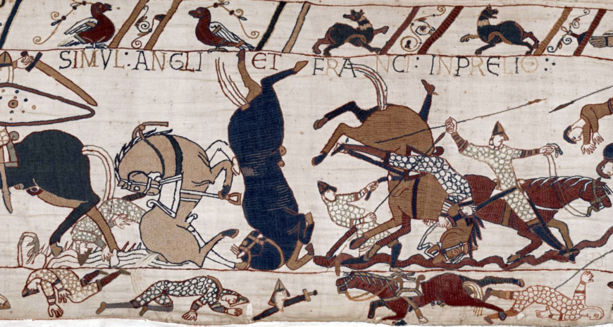 Wounded soldiers and horses (detail), Bayeux Tapestry, c. 1070, embroidered wool on linen, 20 inches high (Bayeux Tapestry Museum, Official digital representation of the Bayeux Tapestry—11th century. Credits: City of Bayeux, DRAC Normandie, University of Caen Normandie, CNRS, Ensicaen, Photos: 2017—La Fabrique de patrimoines en Normandie)